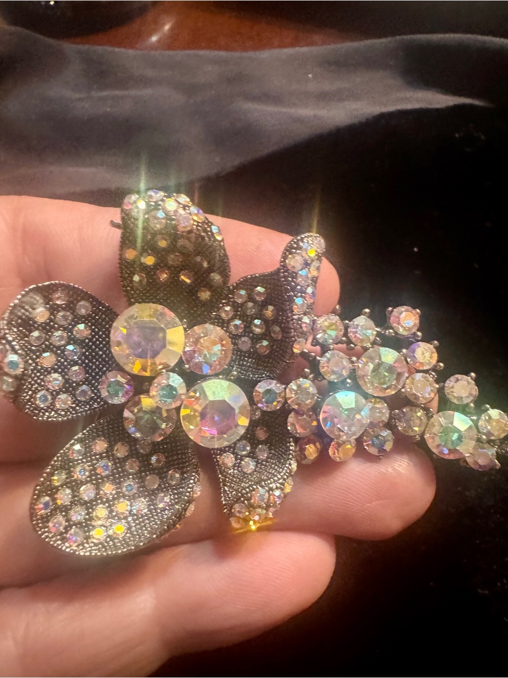 Vtg Rom 2 Aurora Crystal Floral Brooches - Iridescent Sparkle